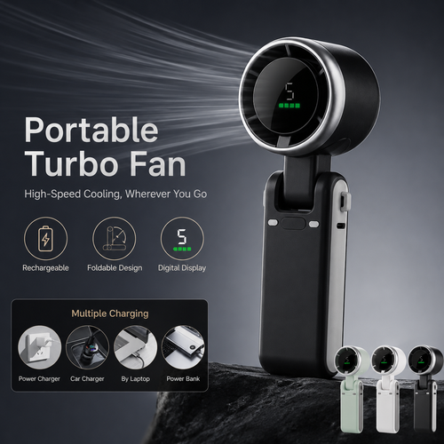 🌪️🔇 TurboJet High-Speed Silent Handheld Fan | Brushless Motor 5-Speed Turbo Airflow Ultra-Quiet <36dB USB-C Rechargeable Foldable Personal Fan-DW