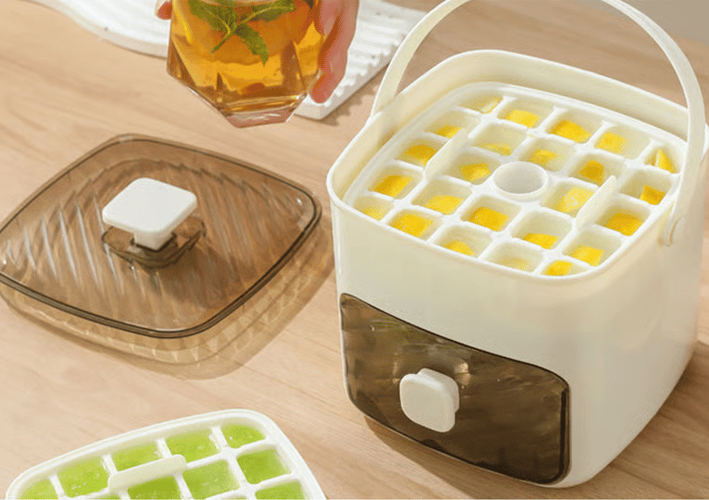 🧊 Handled Press-Type Double-Layer Ice Cube Tray – 48-Cube Fast Release Ice Maker with Storage Box, Lid & Tongs -DW