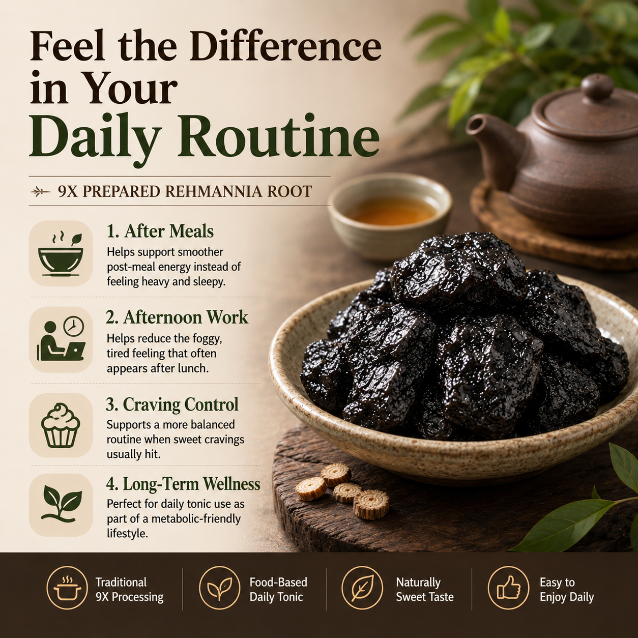 🌿 9X Steamed & Sun-Dried Prepared Rehmannia Root – Traditional Herbal Tonic for Metabolic Balance & Daily Vitality -DW