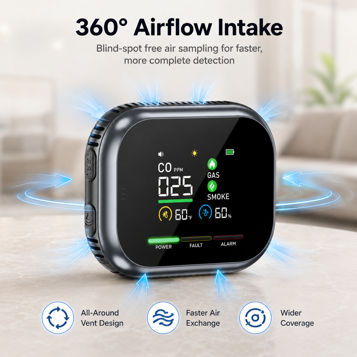 🚨 6-in-1 Smart Carbon Monoxide Detector – CO, Methane, Smoke, Temperature & Humidity Alarm with 360° Airflow & 1000mAh Backup Battery -DW