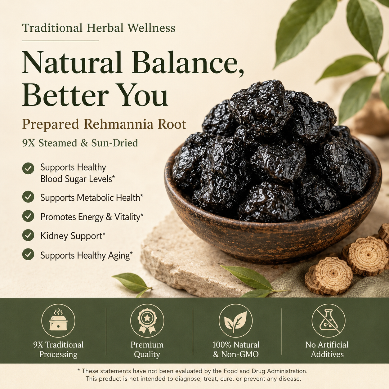 🌿 9X Steamed & Sun-Dried Prepared Rehmannia Root – Traditional Herbal Tonic for Metabolic Balance & Daily Vitality -DW