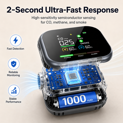 🚨 6-in-1 Smart Carbon Monoxide Detector – CO, Methane, Smoke, Temperature & Humidity Alarm with 360° Airflow & 1000mAh Backup Battery -DW