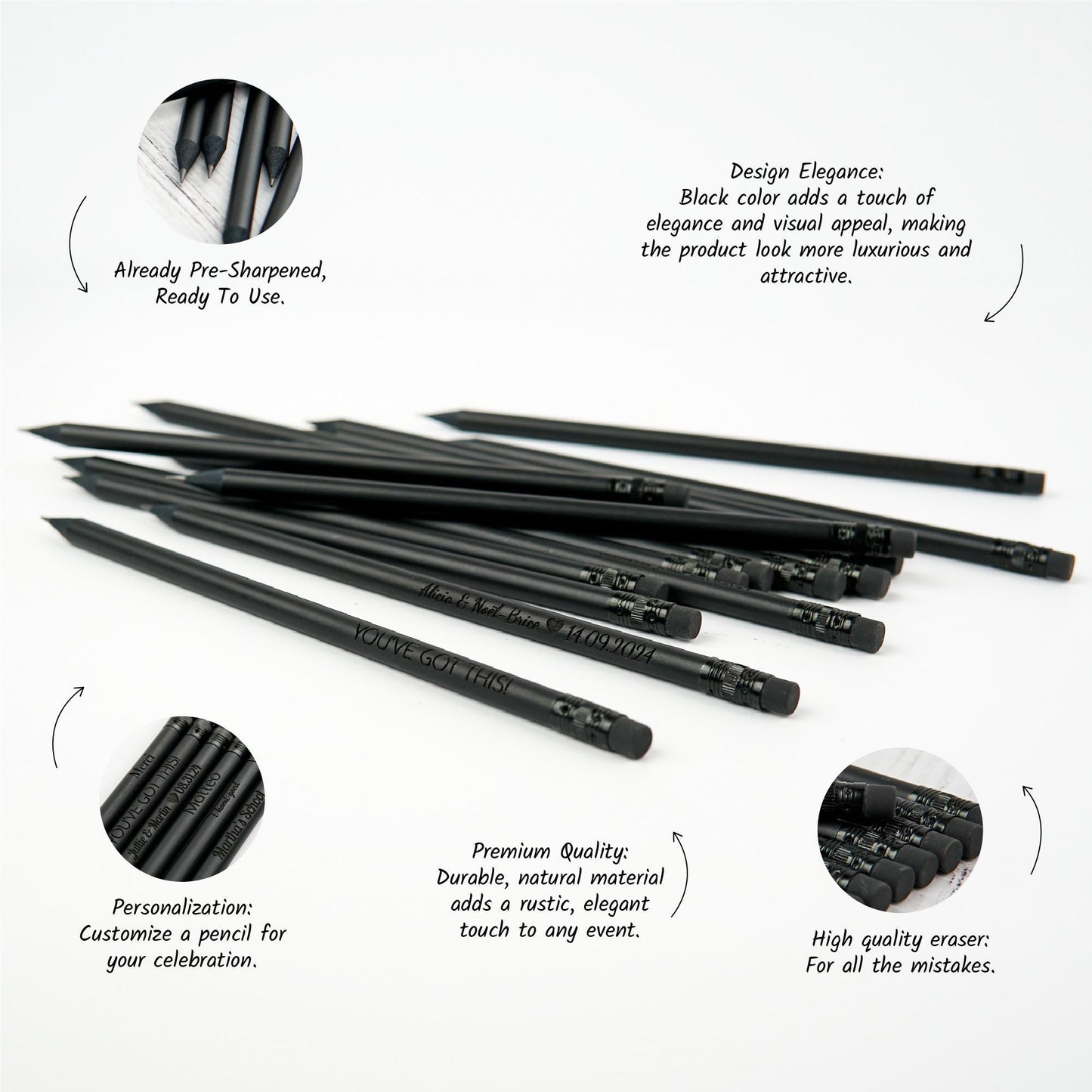 Custom Black Pencils Set, Engraved Pencils, Customized Bulk Pencils, Personalized Wedding Favors for Guests, Save The Date Pencils