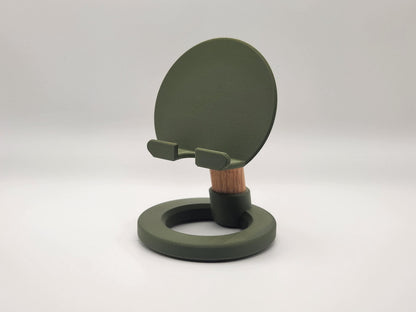3D Printed Minimalist Modern Round Oak Wood Custom Engraved Phone or Small Tablet Stand