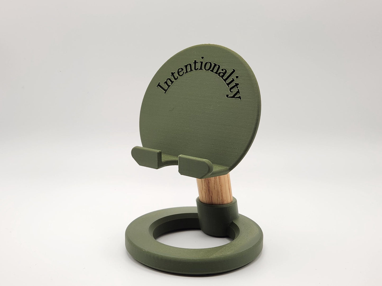 3D Printed Minimalist Modern Round Oak Wood Custom Engraved Phone or Small Tablet Stand