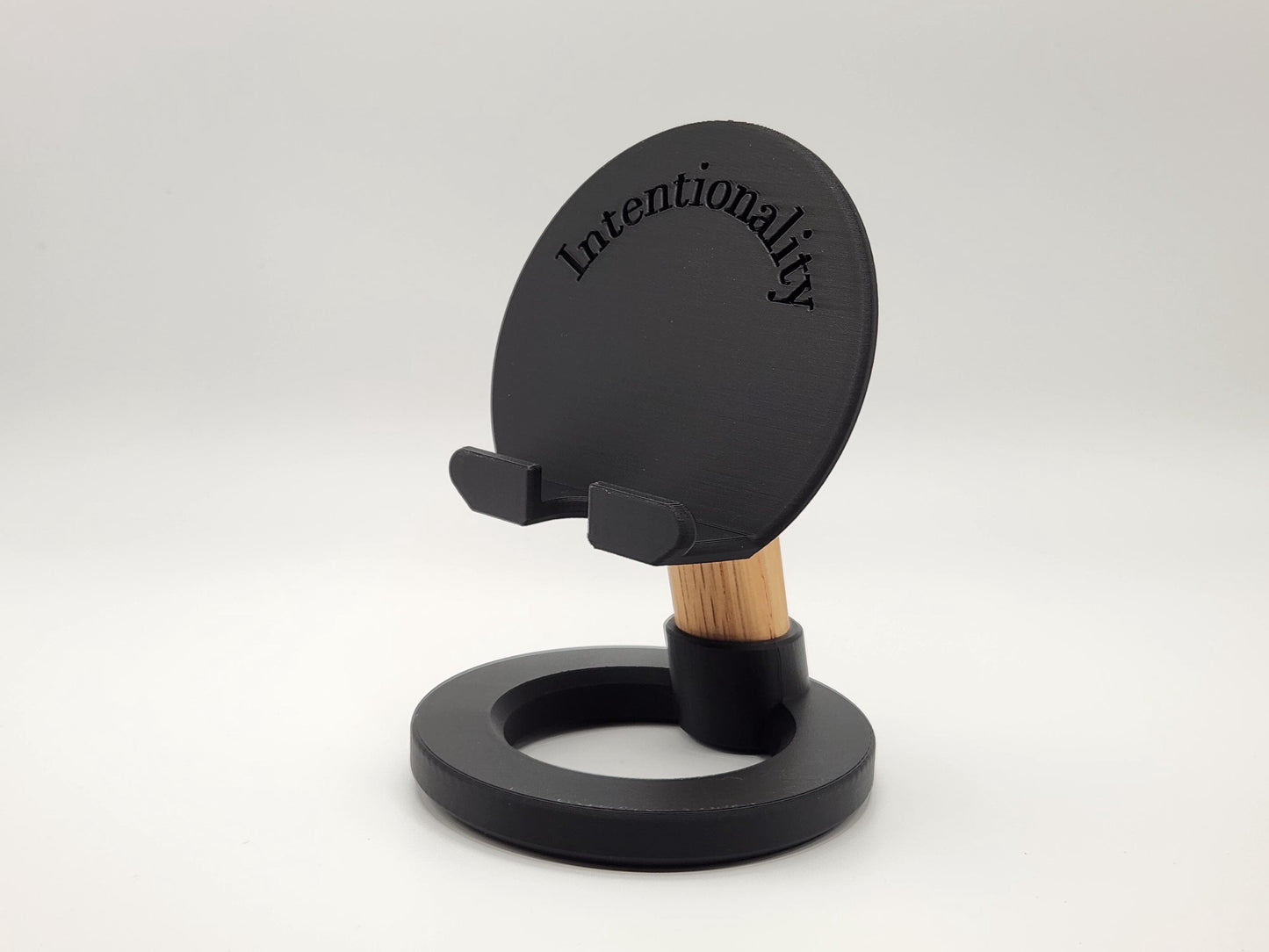 3D Printed Minimalist Modern Round Oak Wood Custom Engraved Phone or Small Tablet Stand