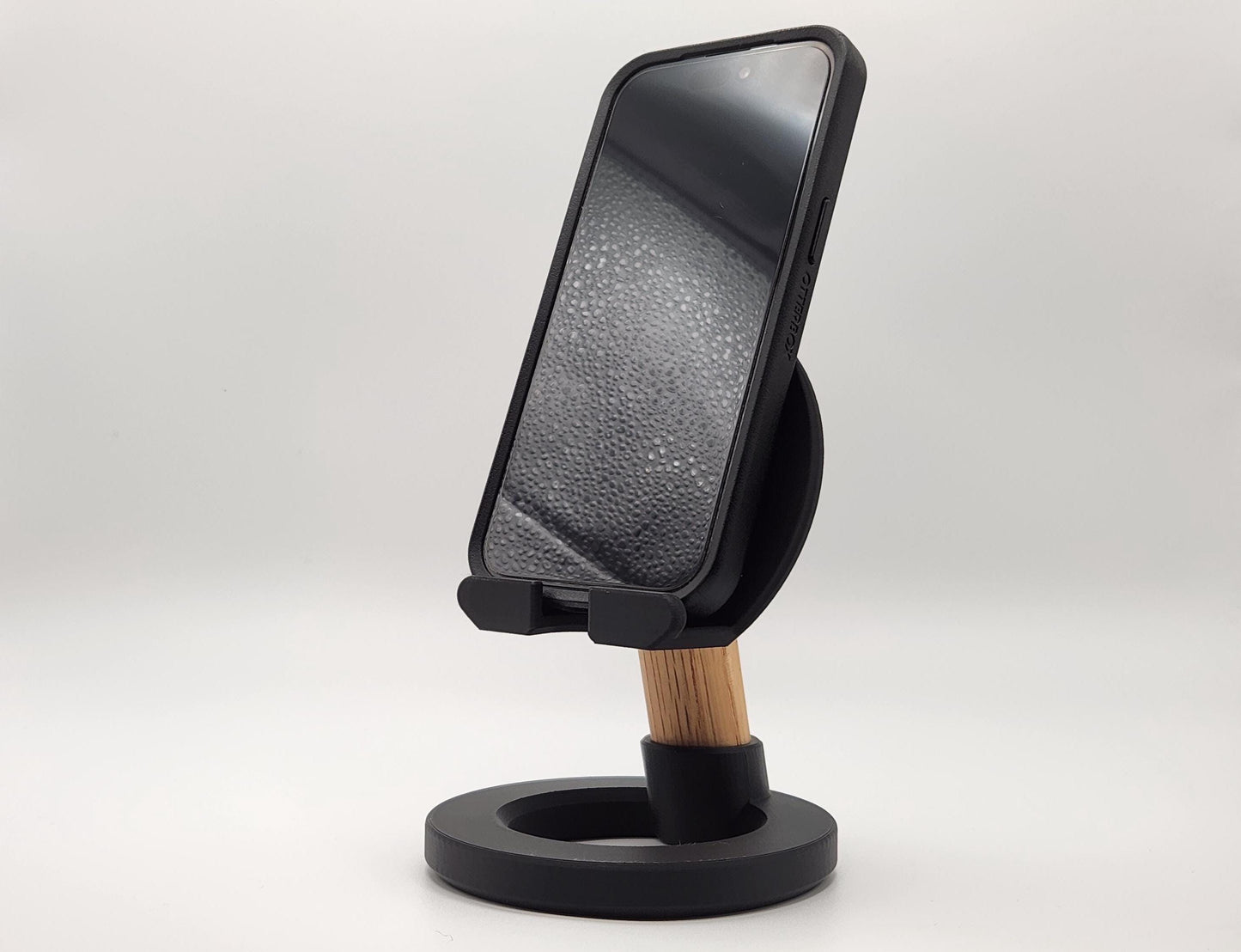3D Printed Minimalist Modern Round Oak Wood Custom Engraved Phone or Small Tablet Stand