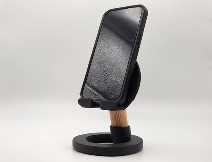 3D Printed Minimalist Modern Round Oak Wood Custom Engraved Phone or Small Tablet Stand