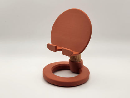 3D Printed Minimalist Modern Round Oak Wood Custom Engraved Phone or Small Tablet Stand