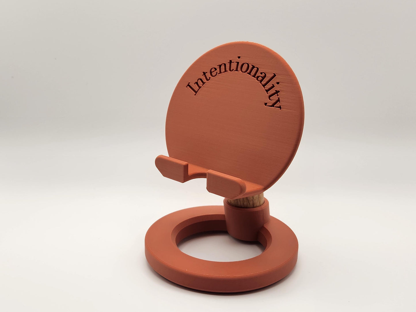 3D Printed Minimalist Modern Round Oak Wood Custom Engraved Phone or Small Tablet Stand