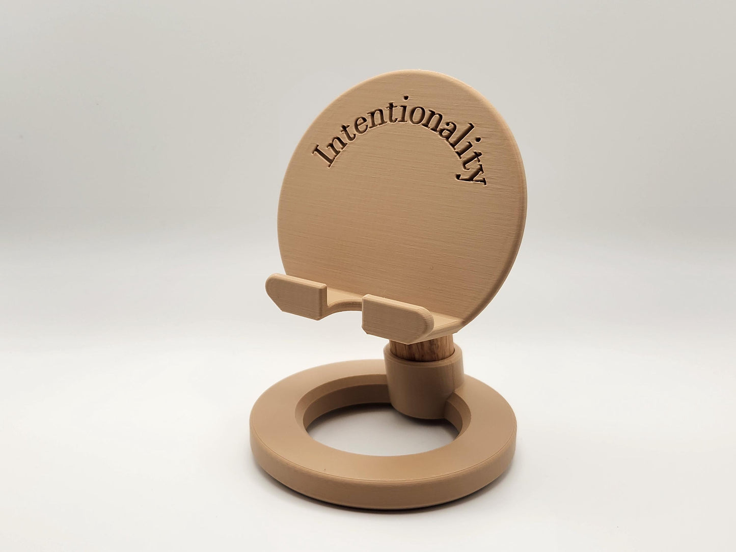 3D Printed Minimalist Modern Round Oak Wood Custom Engraved Phone or Small Tablet Stand